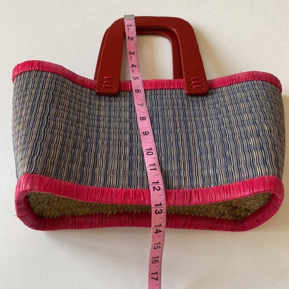 Vintage straw wicker boho wooden red handle purse - Picture 3 of 9